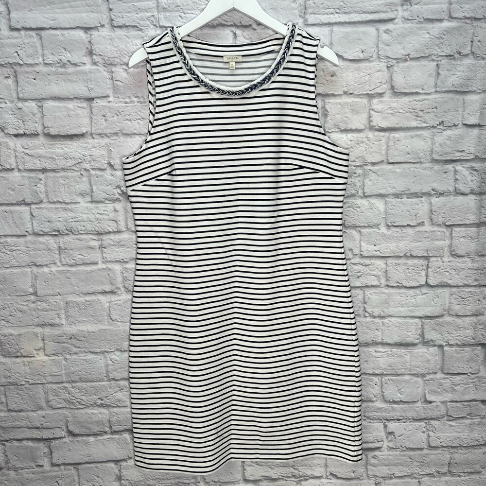 Talbots Sleeveless Sheath Dress White Blue Striped Braided Detail Nautical 14